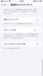 iPhoneの設定アプリ:「アクセシビリティ」>「画面表示とテキストサイズ」画面